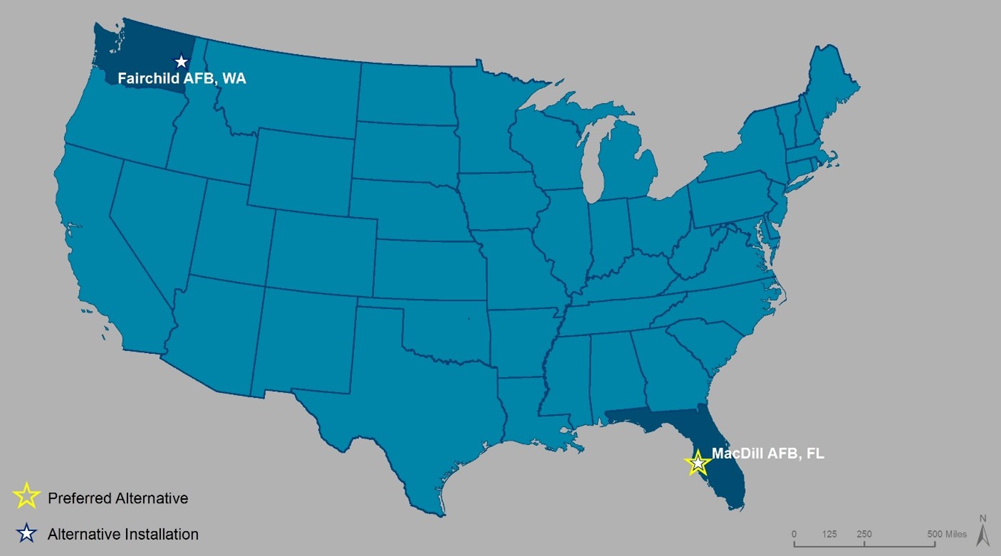 Map of the contiguous United States showing the two alternative installations: Fairchild AFB, Washington, an alternative installation, and MacDill AFB, Florida, the Preferred Alternative.